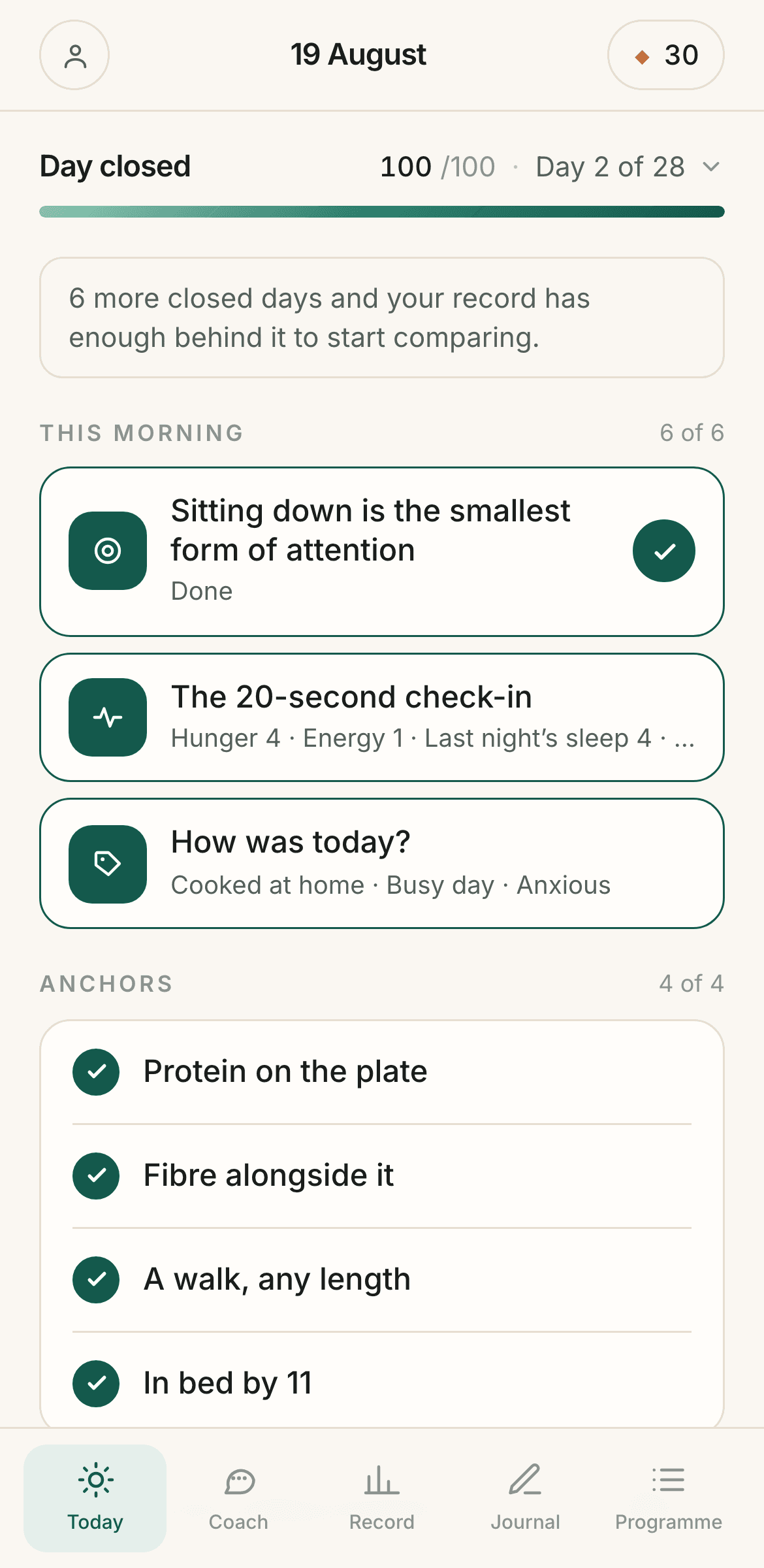 The QuietHours member home: score ring, today's action, and daily anchors
